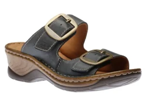 Catalonia 76 Dark Blue Leather Big Buckle Slide Wedge Sandal