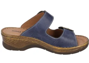 Catalonia 76 Dark Blue Leather Big Buckle Slide Wedge Sandal