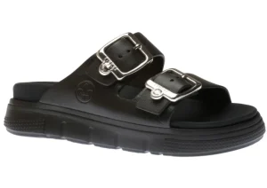 Eva Black Double Strap Silver Buckle Slide Sandal