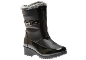Front Zipper Faux Fur Trim Black Patent Vegan Leather Winter Boot