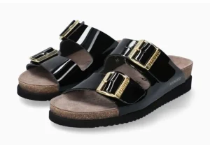 Hester Black Patent Gold Buckle Slide Sandal