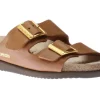 Hester Camel Brown Scratch Gold Buckle Slide Sandal