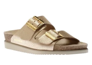 Hester Light Sand Gold Buckle Textured Leather Slide Sandal