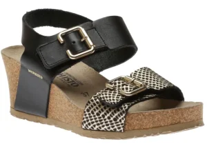 Lissandra Cuba Black Gold Textured Leather Wedge Sandal