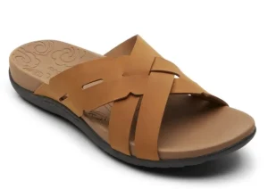 Ridge Woven Tan Brown Leather Slide Sandal