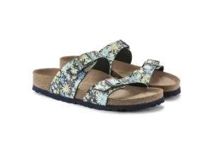 Sydney Vegan Birko-Flor Summer Floral Blue Double Strap Slide Sandal