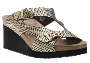 Terie Cuba Black Gold Textured Leather Slide Wedge Sandal